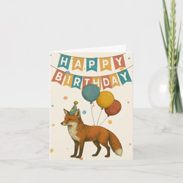 Fox Birthday Card – Cute Party Animal with Balloon (Front)