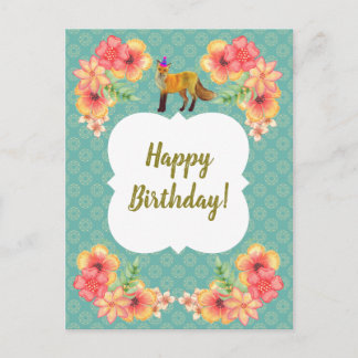 Fox Birthday Card Floral Blue Pattern
