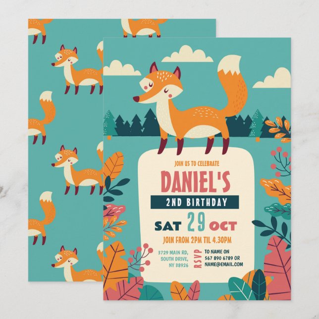 Fox Birthday Party Forest Theme Woods Boy Girl Invitation (Front/Back)