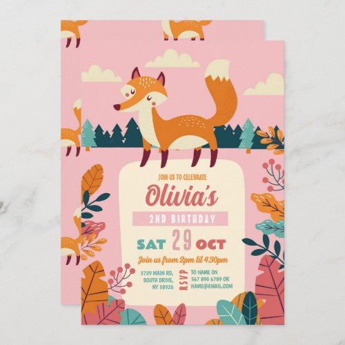 Fox Birthday Party Forest Theme Woods Pink Girl Invitation