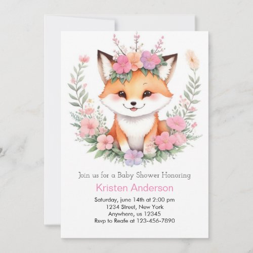 Fox Blissful Woodland Adventure Girl Baby Shower Invitation