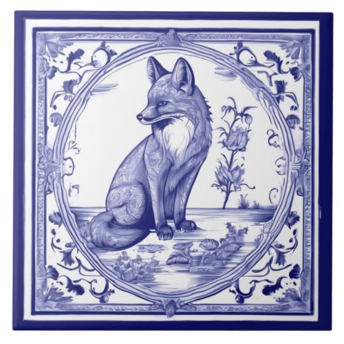 Fox Blue and White Asian Style Folk Animal Art Ceramic Tile