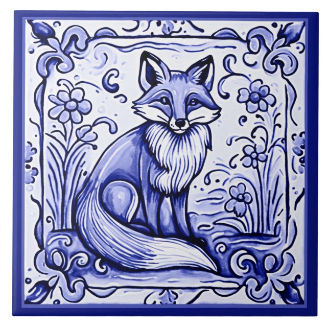 Fox Blue and White Mediterranean Folk Animal Art Ceramic Tile (Front)