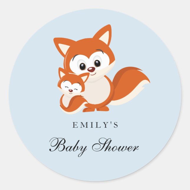 Fox Blue Boy Baby Shower Favor Seal Sticker (Front)