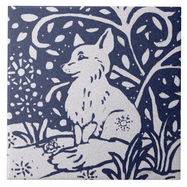 Fox Blue Gray Granite Stone Woodland Animal Art Ceramic Tile (Front)