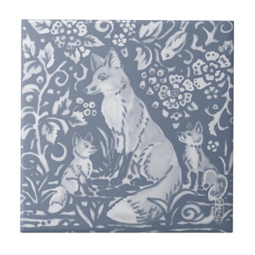 Fox Blue White Botanical Forest Painting Ceramic Tile