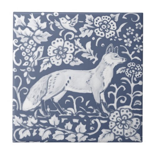 Fox Blue White Woodland  Bird Leaves Denim Ceramic Tile