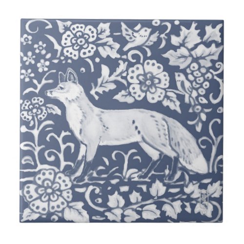 Fox Blue White Woodland Bird Leaves Denim  Faces L Ceramic Tile