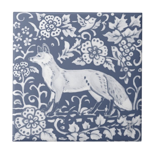Fox Blue White Woodland Bird Leaves Denim  Faces L Ceramic Tile (Front)