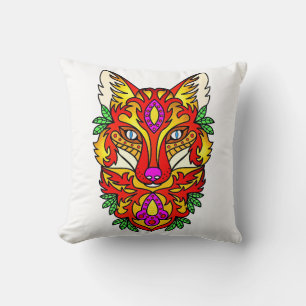 Fox boho abstract art red purple wolf throw pillow
