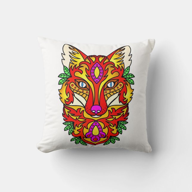 Fox boho abstract art red purple wolf throw pillow (Front)