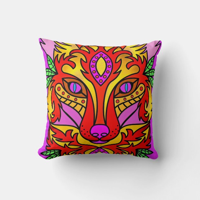 Fox boho abstract art red purple wolf throw pillow (Front)