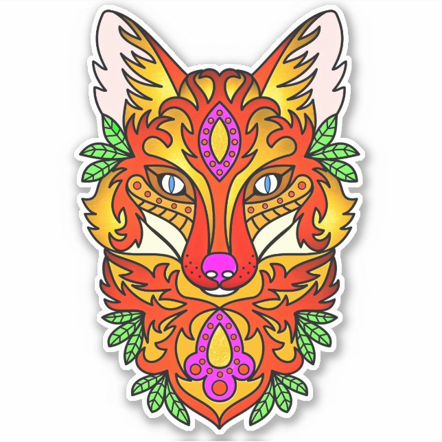 Fox boho abstract art wolf purple red yellow sticker (Front)