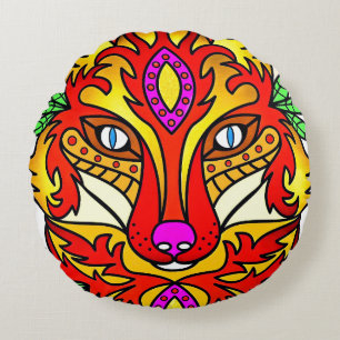 Fox boho abstract art wolf red purple  round pillow