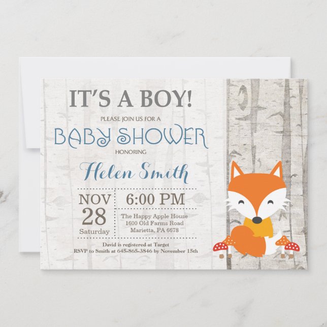 Fox Boy Baby Shower Invitation Rustic Woodland (Front)