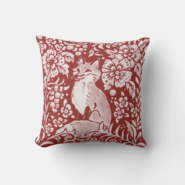 Fox Brick Red Animal Floral Woodland Whimsical  Throw Pillow (Front)