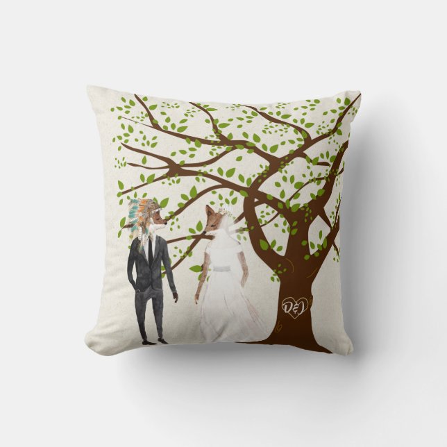 Fox Bride and Groom with Tree Initials Throw Pillow (Front)