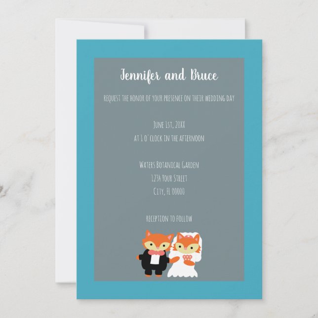 Fox Bride Groom Cute Teal Gray Personalize Wedding Invitation (Front)