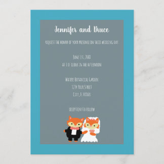 Fox Bride Groom Cute Teal Gray Personalize Wedding Invitation