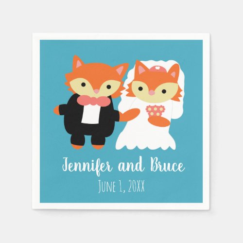 Fox Bride Groom Wedding Blue Turquoise Personalize Napkins
