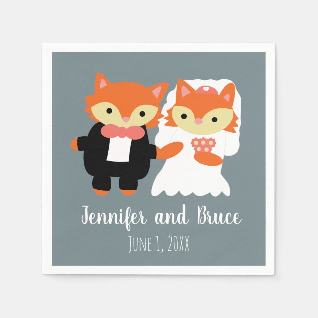 Fox Bride Groom Wedding Gray Cute Personalize Napkins (Front)