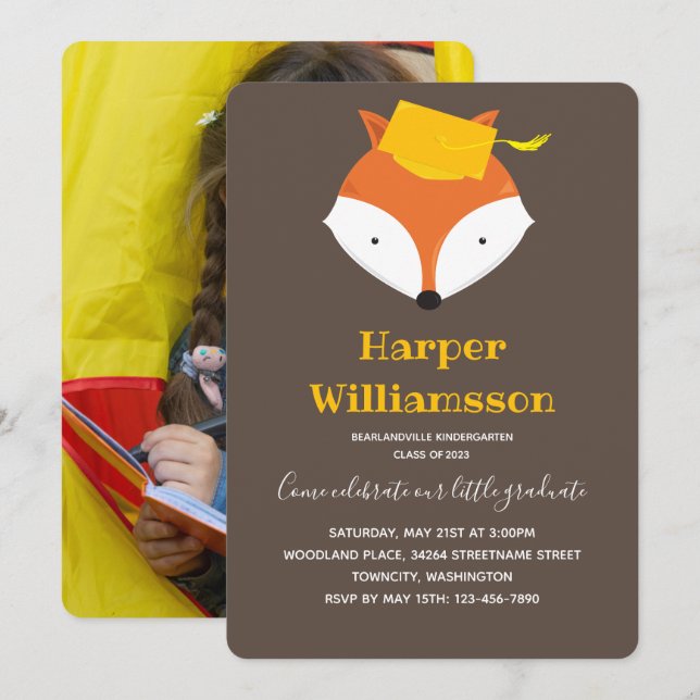 Fox Brown Yellow Photo Kindergarten Graduation Invitation (Front/Back)