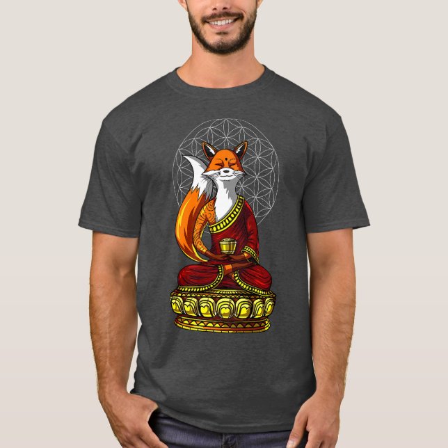 Fox Buddha Zen Yoga Meditation Flower Of Life T-Shirt (Front)