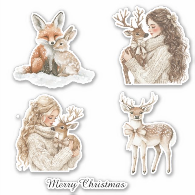 Fox Bunny Deer Girl Christmas Sticker (Front)