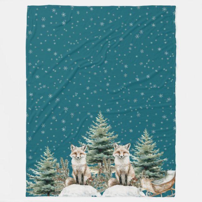Fox Christmas Tree Sleigh Snowflakes  Fleece Blanket (Front)