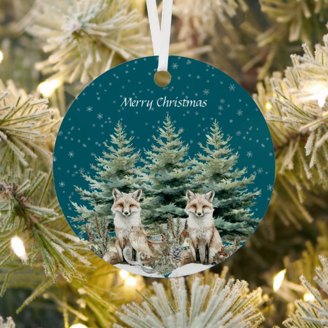Fox Christmas Tree Sleigh Snowflakes Metal Ornament (Insitu)