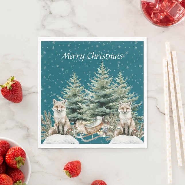 Fox Christmas Tree Sleigh Snowflakes Napkins (Insitu)