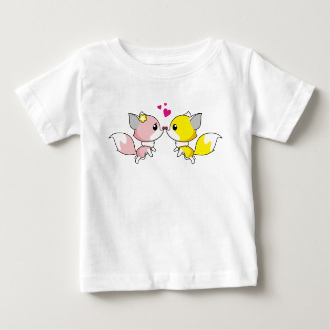 Fox Couple Kissing with Little Hearts Overhead Baby T-Shirt (Front)