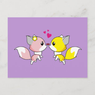 Fox Couple Kissing with Little Hearts Overhead Postcard