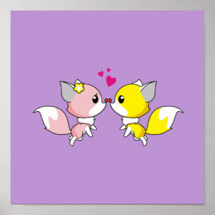 Fox Couple Kissing with Little Hearts Overhead Poster