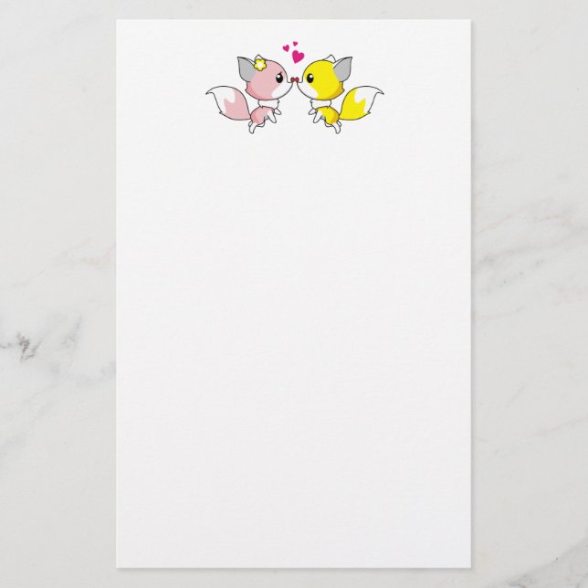 Fox Couple Kissing with Little Hearts Overhead Stationery (Front)