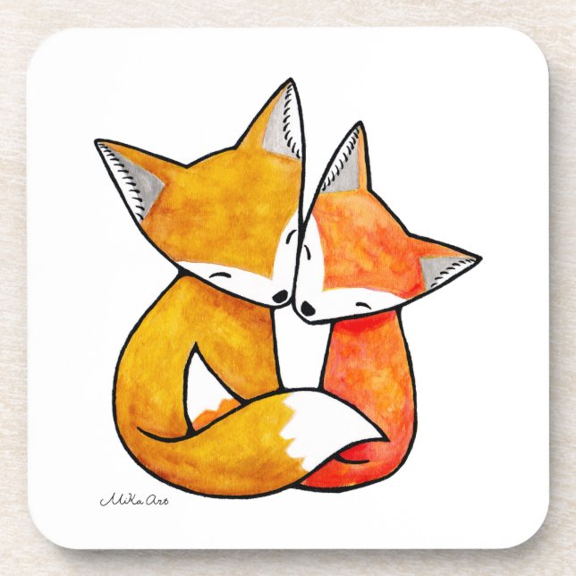 Fox Couple Snuggling Original Watercolor Art  Beverage Coaster (Front)