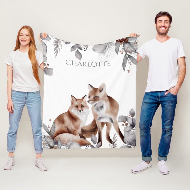 Fox Couple Winter Foliage Christmas Personalized Fleece Blanket (In Situ)