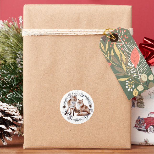 Fox Couple Winter Wreath Christmas Classic Round Sticker (Holiday)