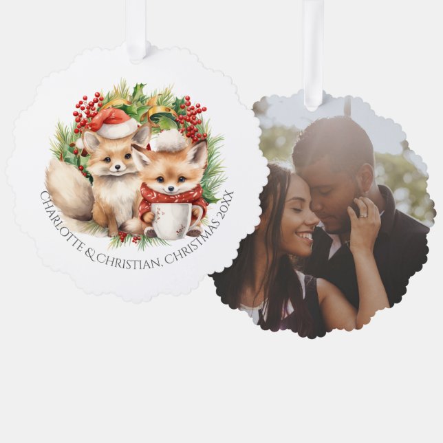 Fox Couple Winter Wreath Christmas Personalized Ornament Card (Front/Back)