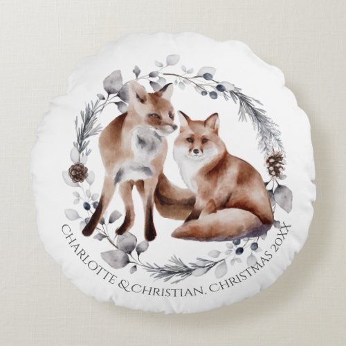 Fox Couple Winter Wreath Christmas Personalized Round Pillow