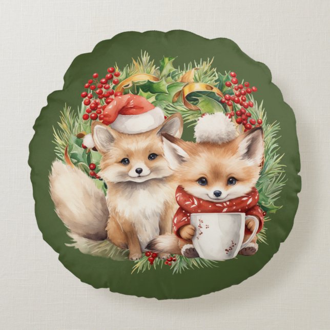 Fox Couple Winter Wreath Christmas Round Pillow (Front)