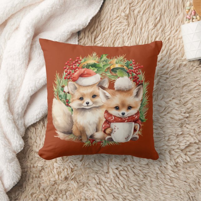 Fox Couple Winter Wreath Christmas Throw Pillow (Blanket)