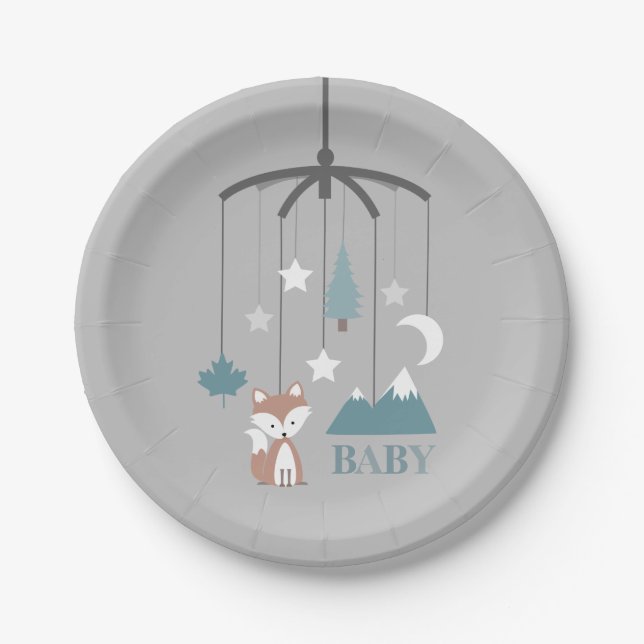 Fox Crib Mobile Modern Blue Baby Shower Paper Plates (Front)