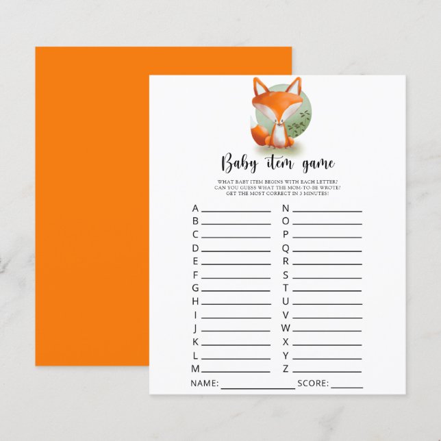 Fox cub Baby Item Game. Baby Shower Game (Front/Back)