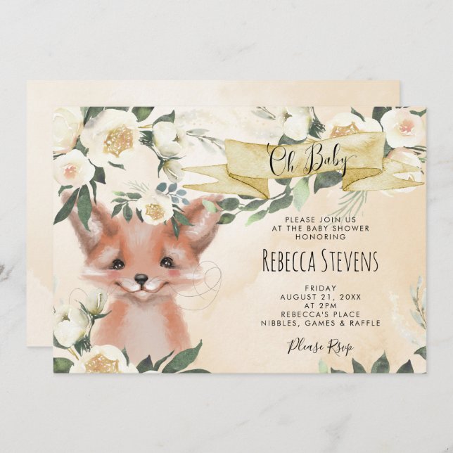 Fox cub floral neutral baby shower invitation (Front/Back)