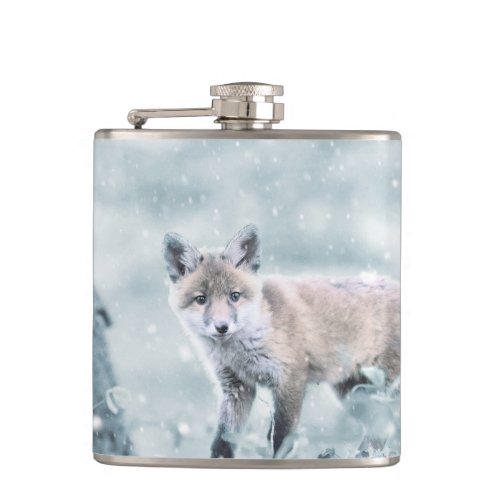 Fox Cub in the Snow Flask