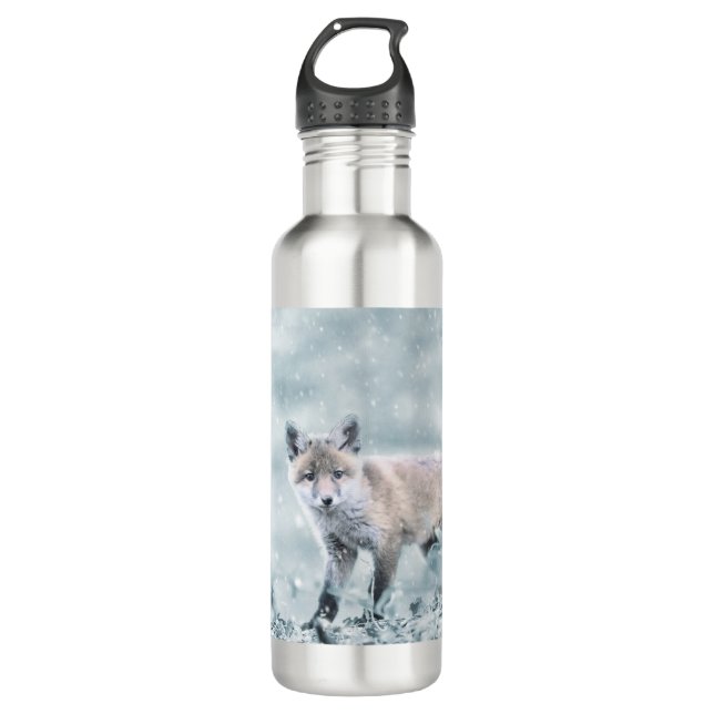 Fox Cub in the Snow Stainless Steel Water Bottle (Front)