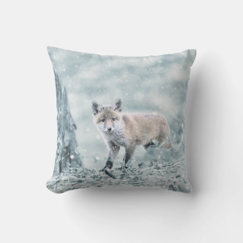 Fox Cub in the Snow Throw Pillow