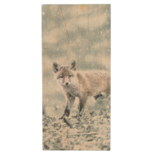 Fox Cub in the Snow Wood Flash Drive