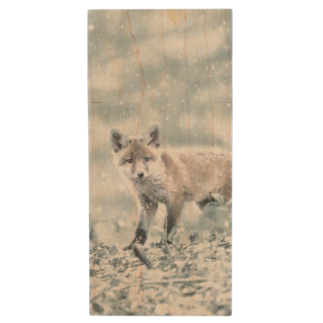 Fox Cub in the Snow Wood Flash Drive (Front Vertical)